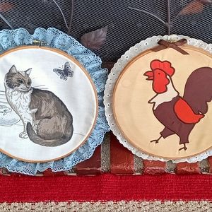 2 Vintage Unique Handmade Wood Hoop Cat Fish Bowl Butterfly 10 1/2"